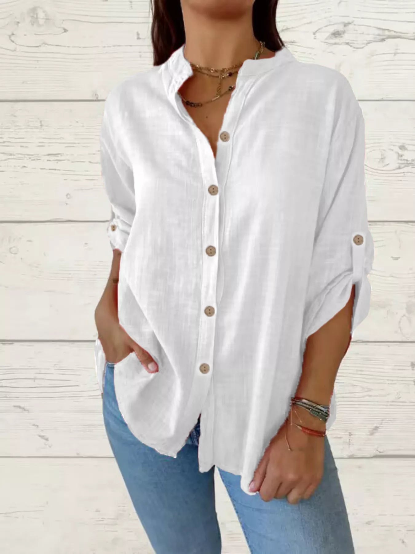 Casual Comfort Plus Size Button-Down Shirt with Roll-Up Sleeves for All-Day Ease - White-S- - PBNJ FASHIONS
