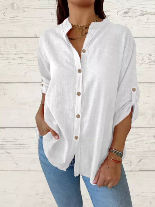 Casual Comfort Plus Size Button-Down Shirt with Roll-Up Sleeves for All-Day Ease - White-S- - PBNJ FASHIONS