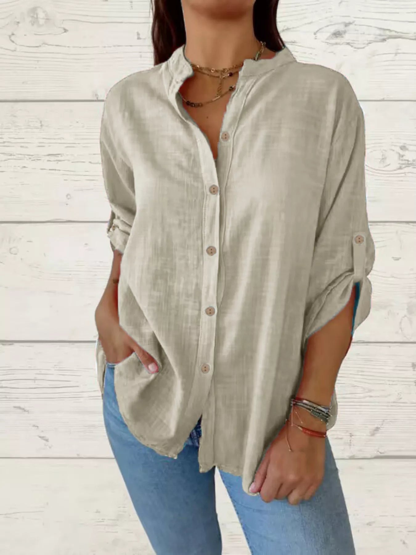 Casual Comfort Plus Size Button-Down Shirt with Roll-Up Sleeves for All-Day Ease - Silver Gray-S- - PBNJ FASHIONS