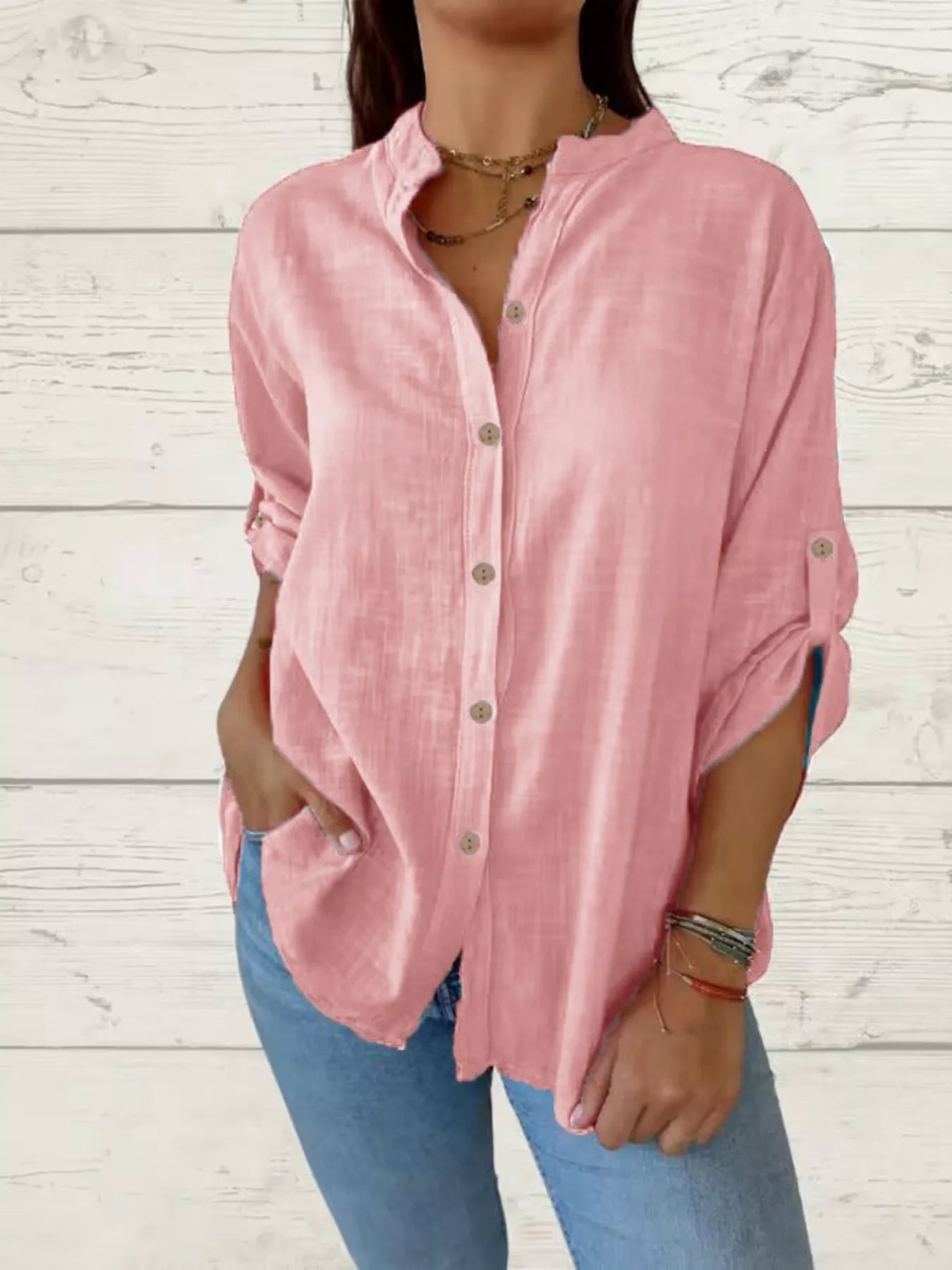 Casual Comfort Plus Size Button-Down Shirt with Roll-Up Sleeves for All-Day Ease - Pink-S- - PBNJ FASHIONS