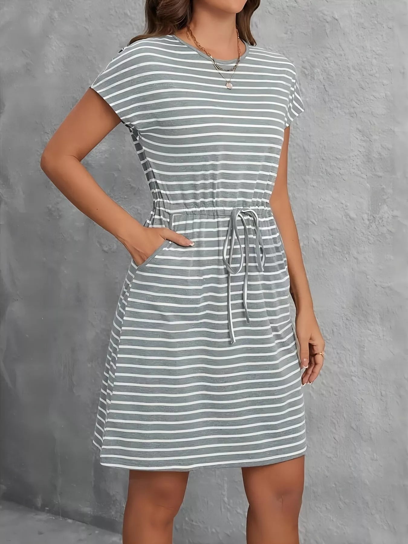 Casual Striped Drawstring Waist Dress - PBNJ FASHIONS