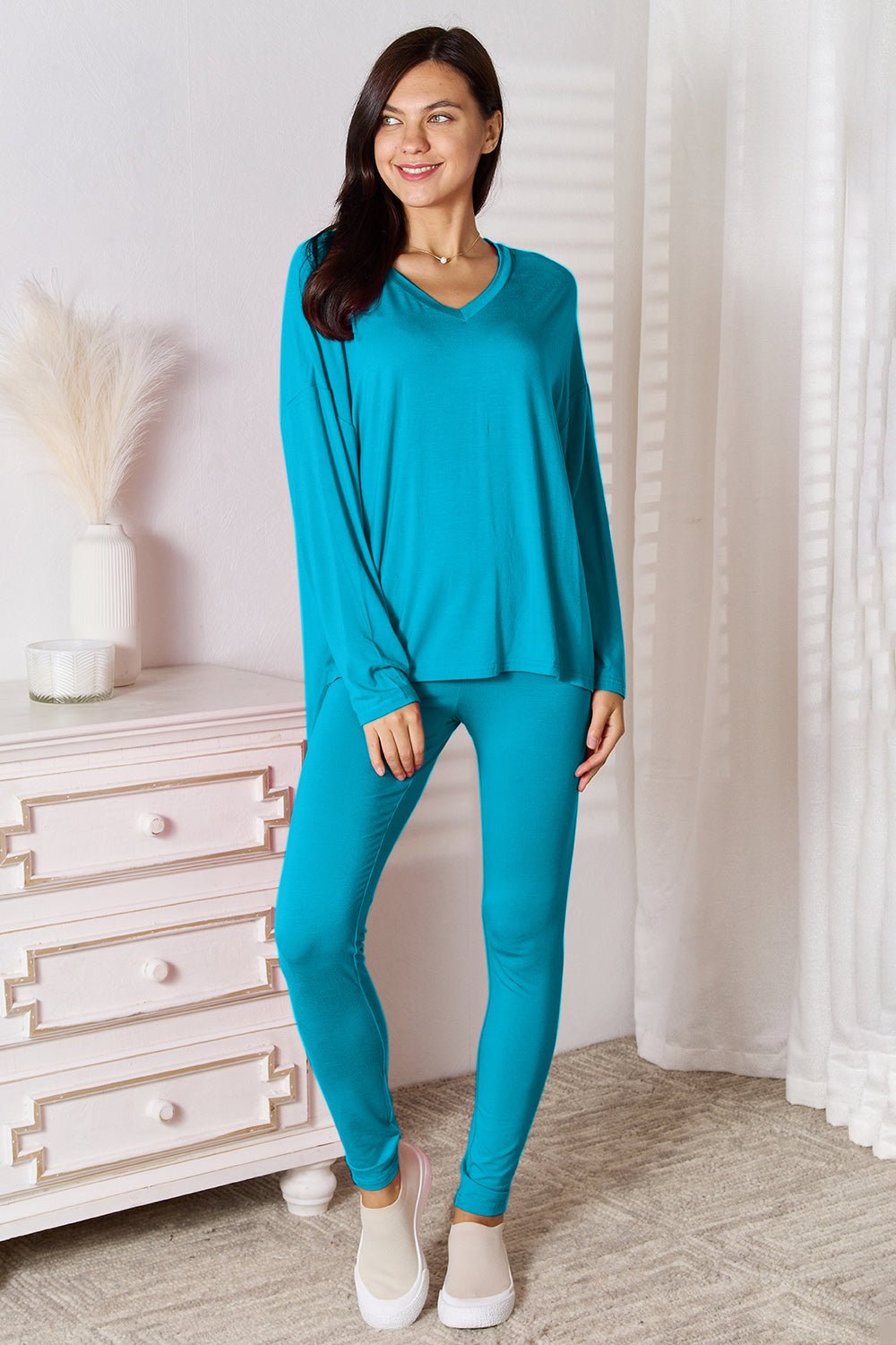 Basic Bae Full Size V - Neck Soft Rayon Long Sleeve Top and Pants Lounge Set - PBNJ FASHIONS