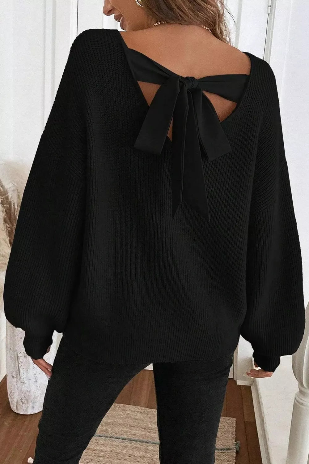 Ribbed Knit Ribbon Knot Backless Drop Shoulder Sweater - PBNJ FASHIONS