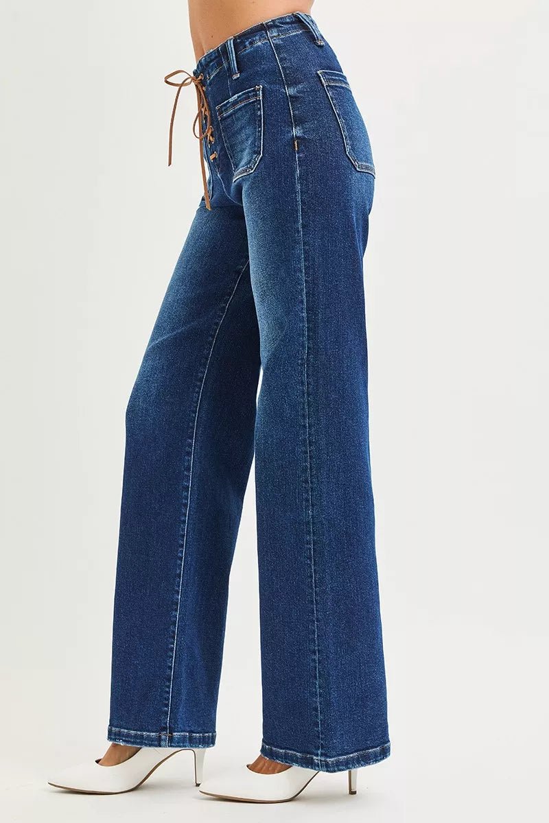 RISEN Full Size High Rise Wide Leg Jeans with Front Tie Detail Plus Size - PBNJ FASHIONS