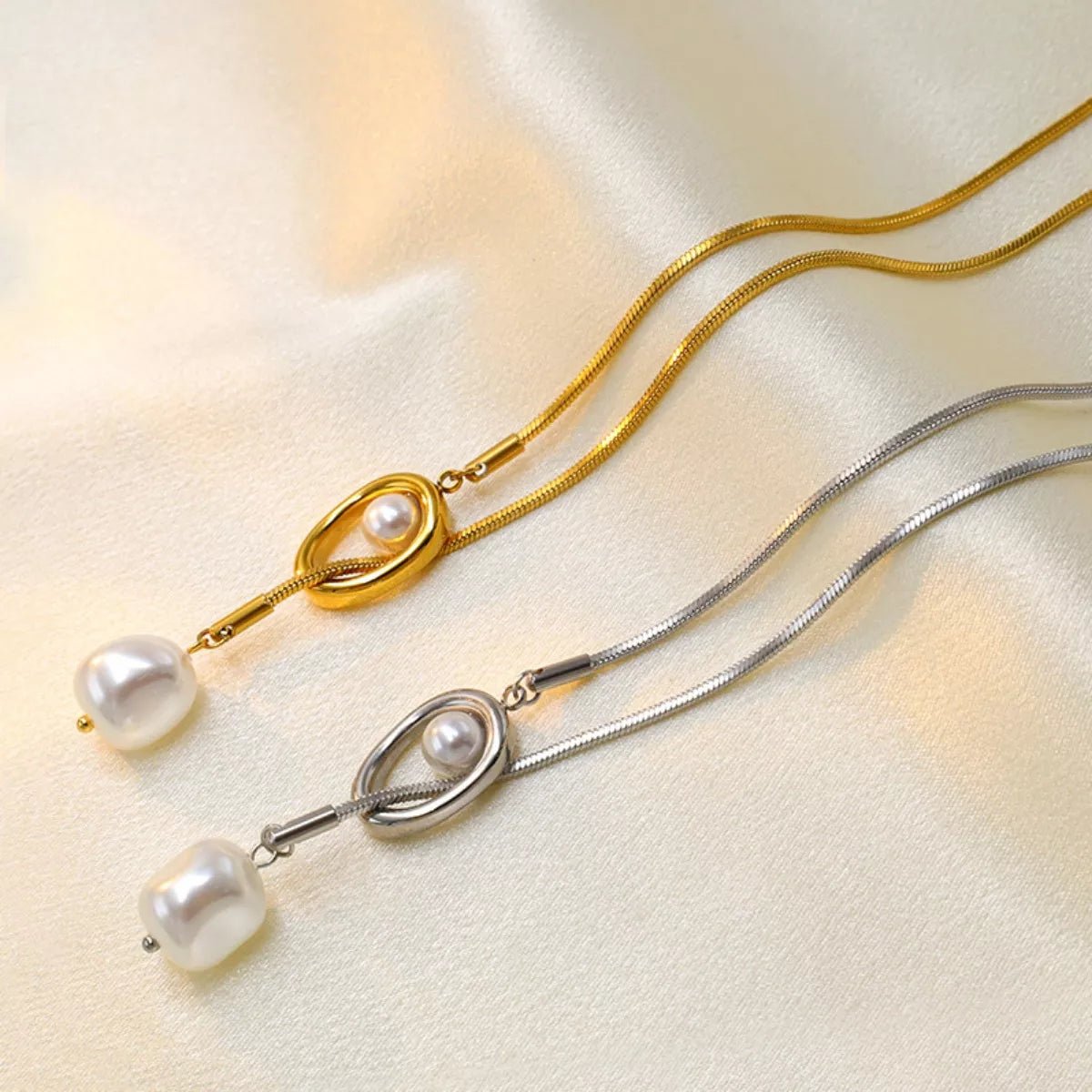 Gold-Plated Pearl Necklace, Stainless Steel Chain, Silver-Plated, 24.4" Length - PBNJ FASHIONS