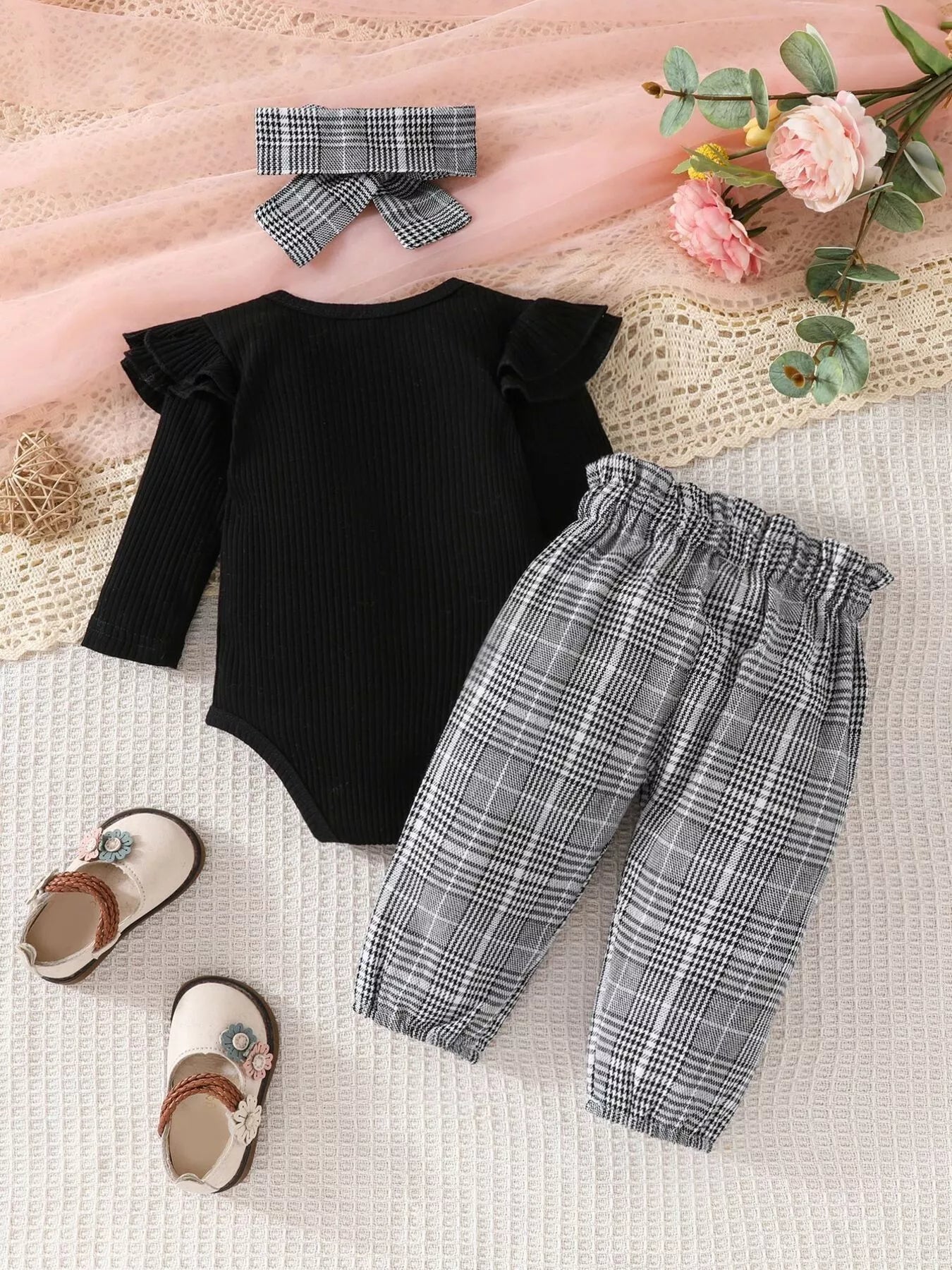 Children's Bodysuit & Plaid Pants & Headband Set - PBNJ FASHIONS