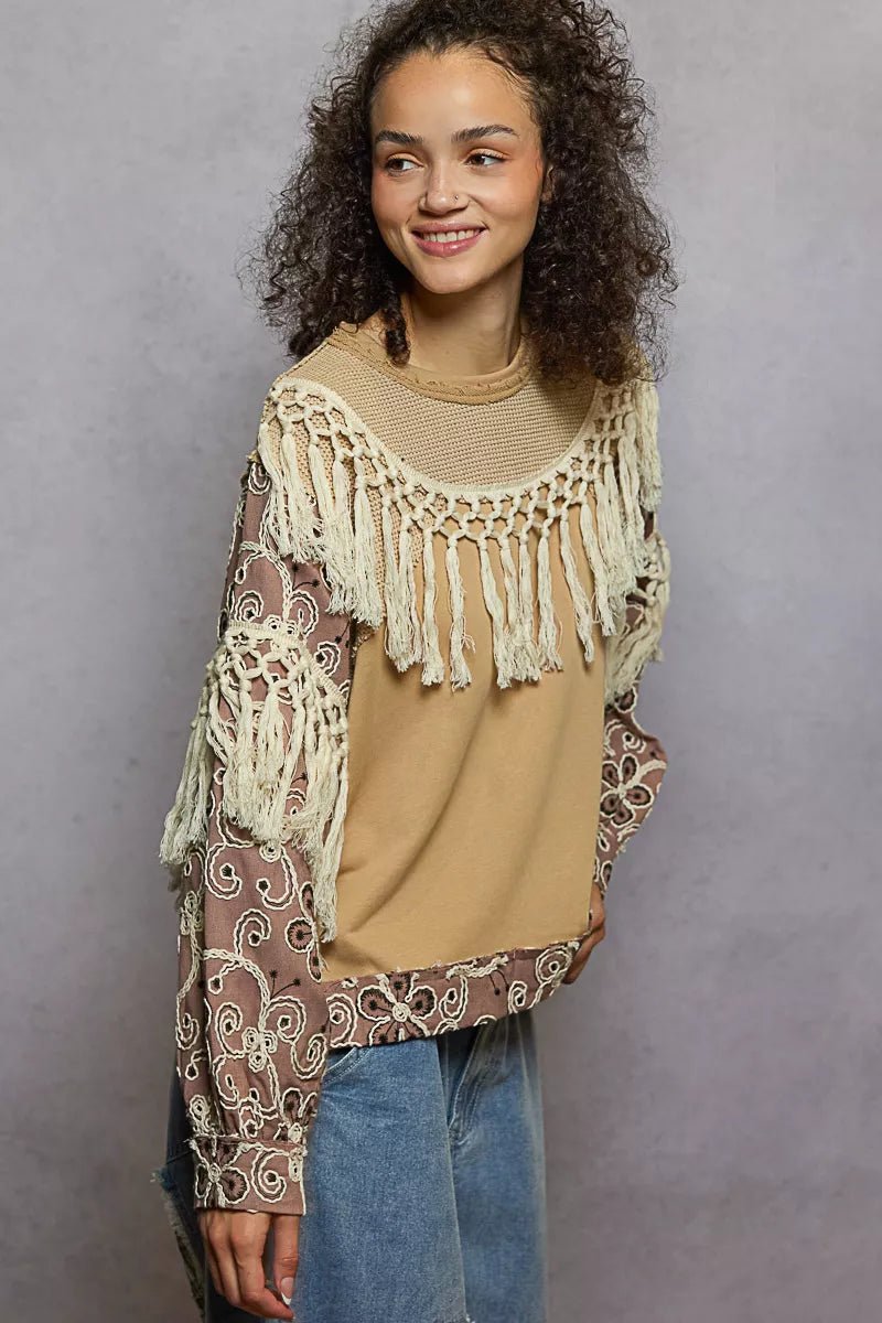 POL Contrast Floral Embroidery Balloon Sleeve Top with Tassel Trim - PBNJ FASHIONS