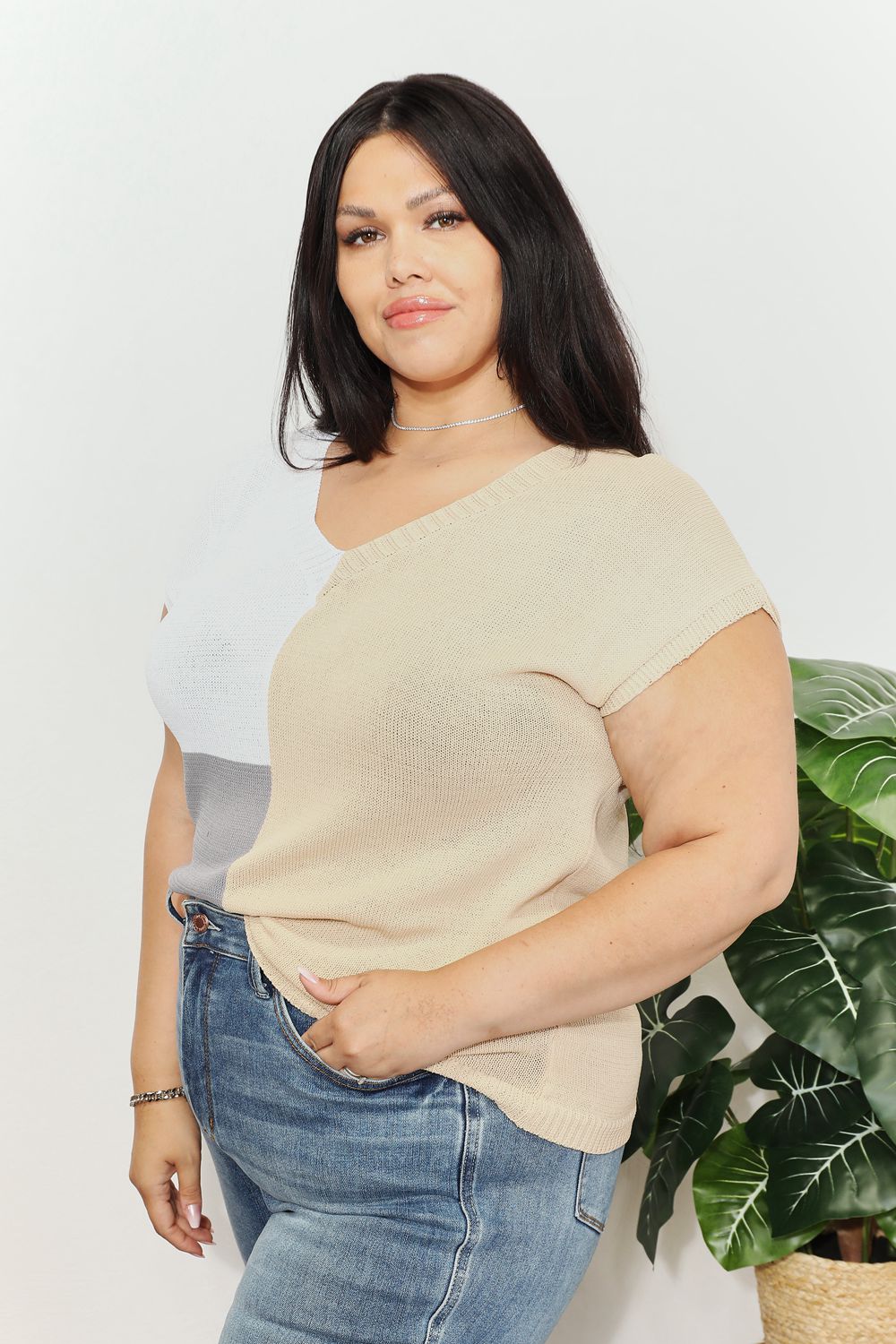 Color Block V - Neck Knit Top - PBNJ FASHIONS