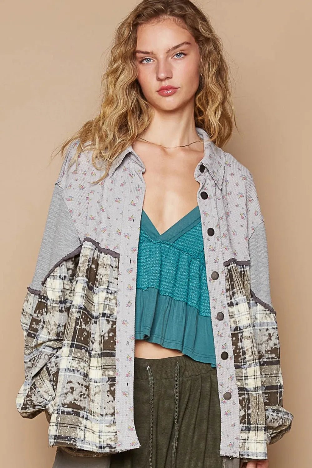POL Balloon Sleeve Floral Color Block Plaid Shirt - PBNJ FASHIONS
