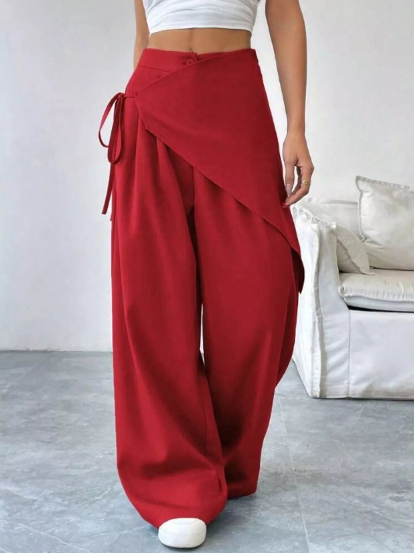 Chic Wrap Front Wide-Leg Wrap Pants - Red-S- - PBNJ FASHIONS
