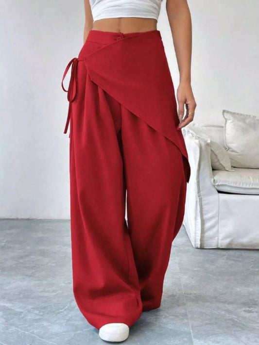 Chic Wrap Front Wide-Leg Wrap Pants - Red-S- - PBNJ FASHIONS