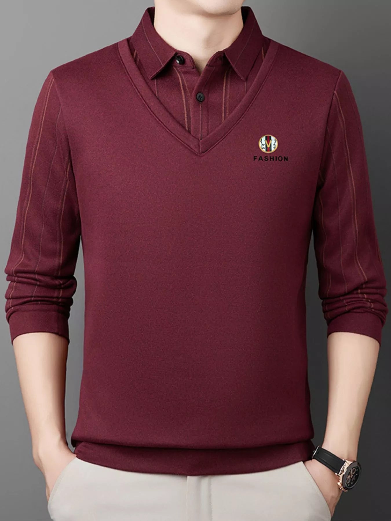 Men's Plus Size Layered Style Long Sleeve Polo - PBNJ FASHIONS