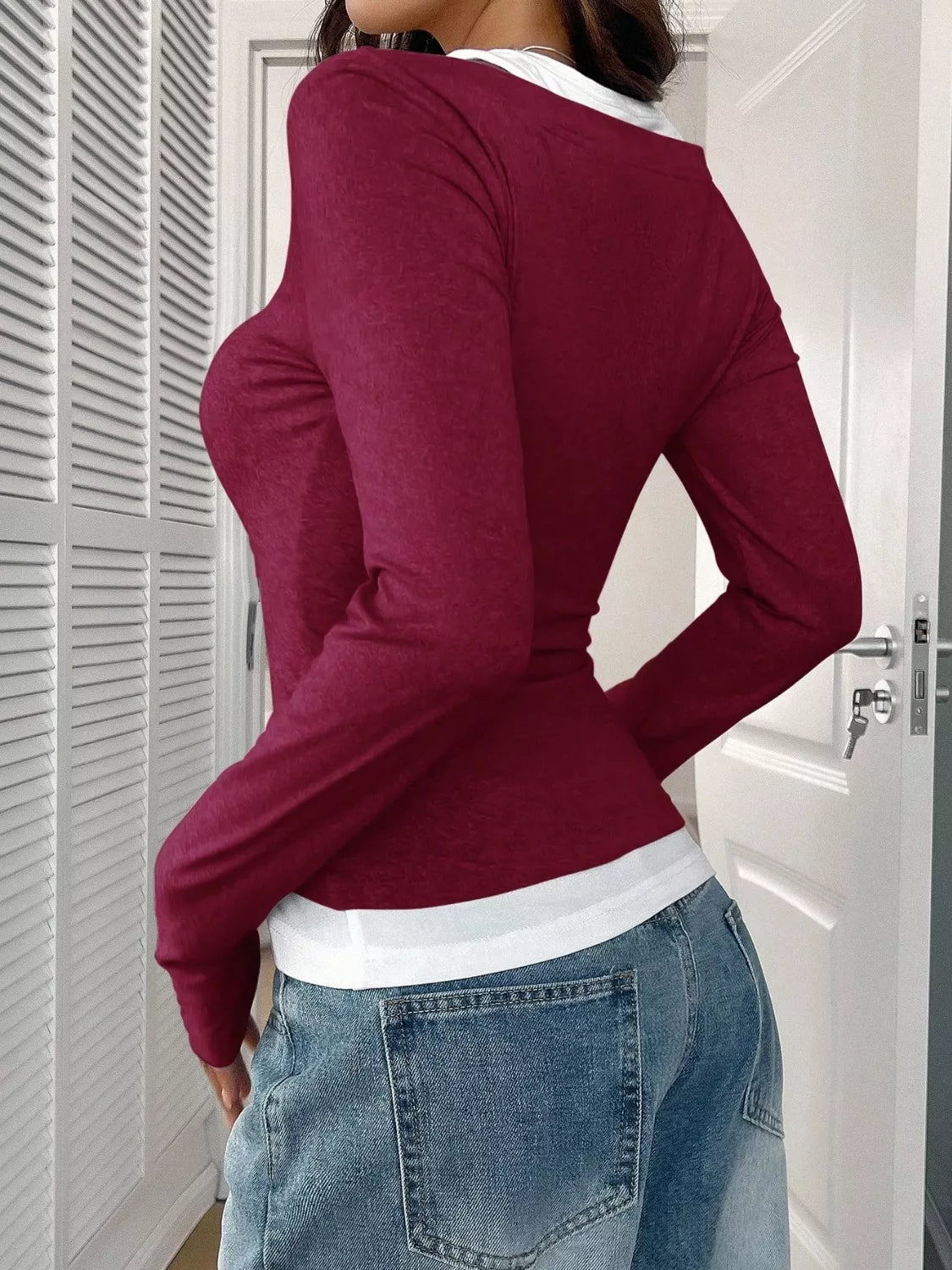 Contrast Long Sleeve Fake Two - Piece T-Shirt - PBNJ FASHIONS