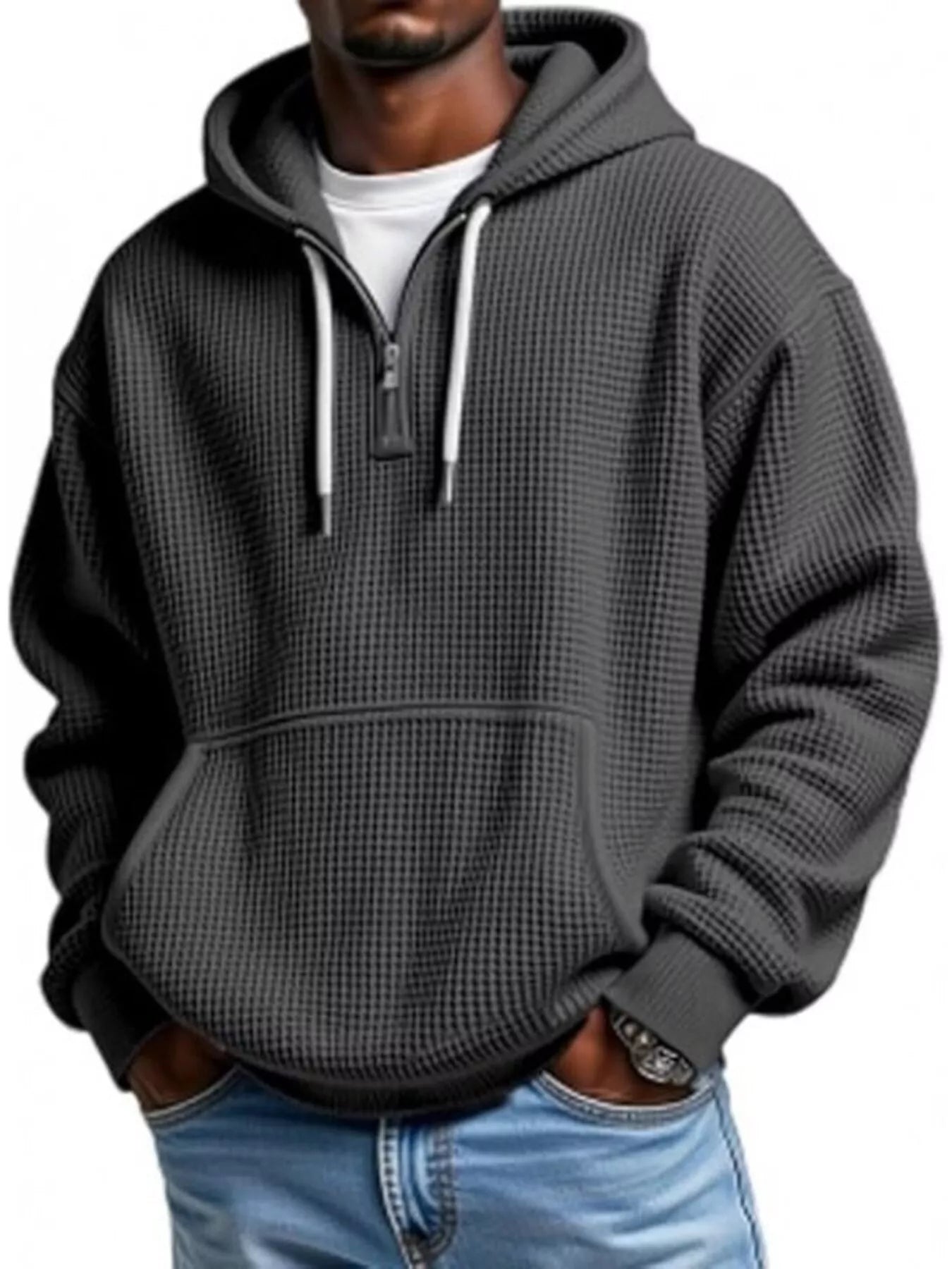 Men's Full Size Waffle Knit Quarter Zip Hoodie Plus Size - PBNJ FASHIONS