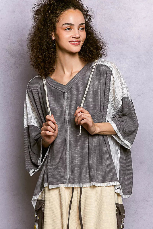 POL Short Sleeve Hoodie Top with Lace Detail - PBNJ FASHIONS