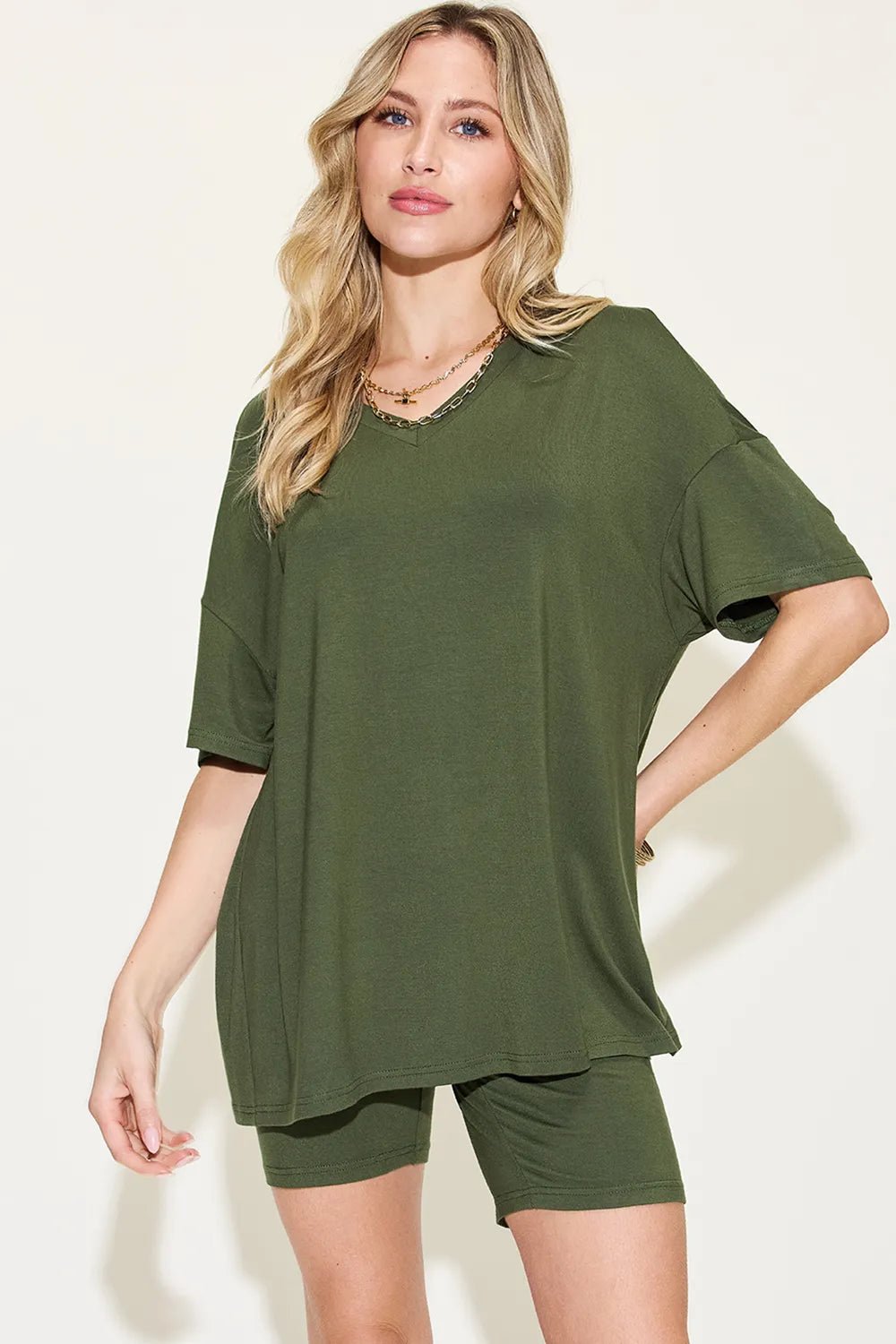 Basic Bae Full Size V - Neck Drop Shoulder T-Shirt and Shorts Set - PBNJ FASHIONS