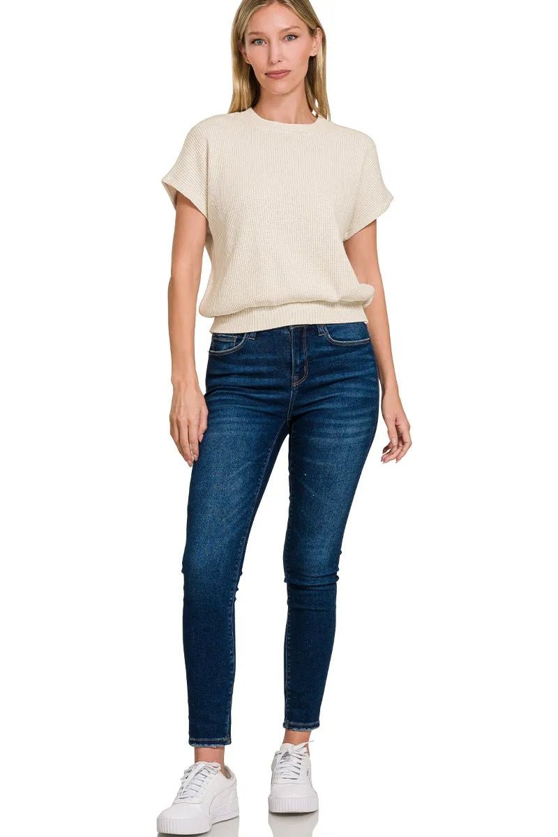 Zenana Round Neck Banded Botton Short Sleeve Sweater - PBNJ FASHIONS