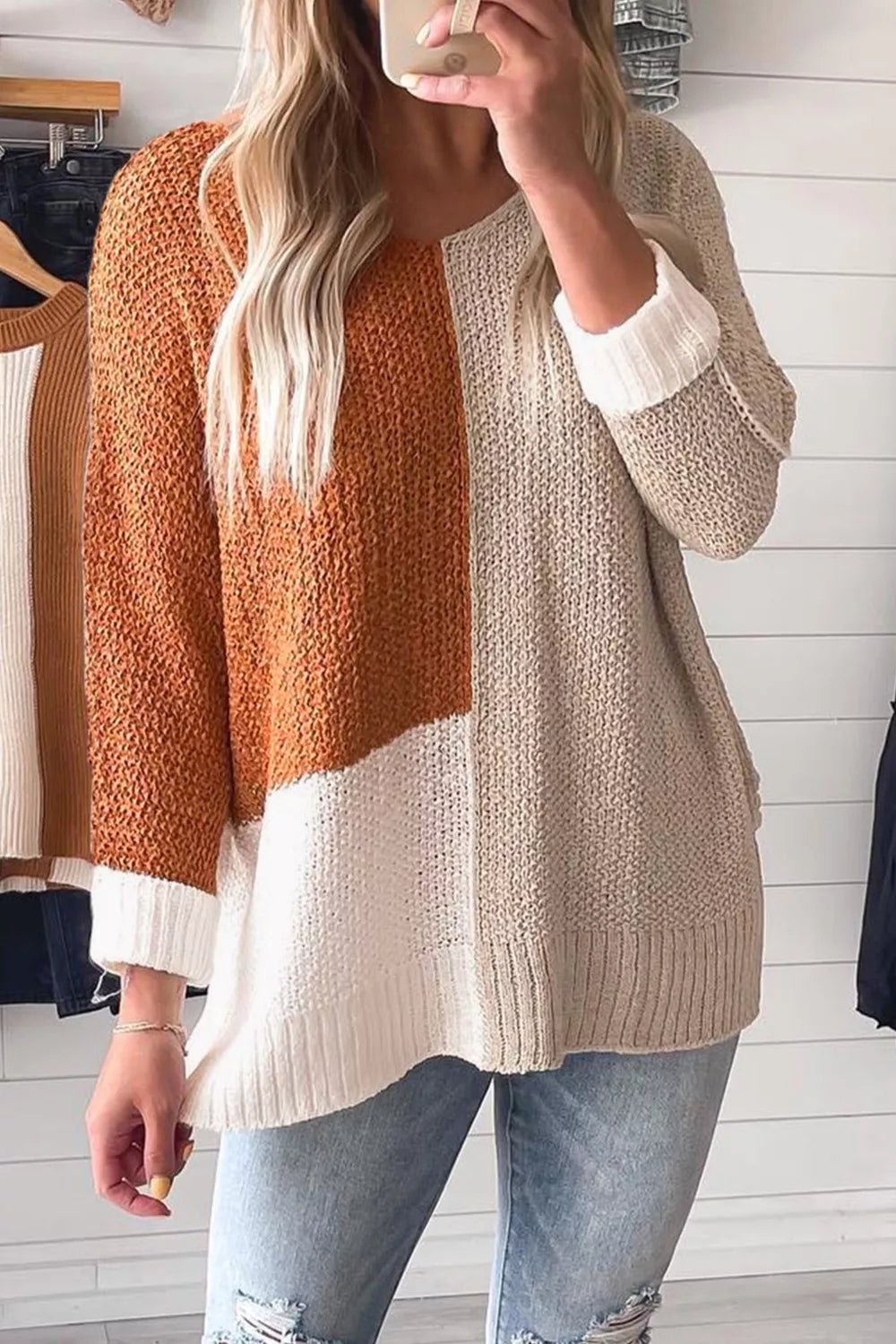 Color Block Knit V Neck Loose Sweater - PBNJ FASHIONS