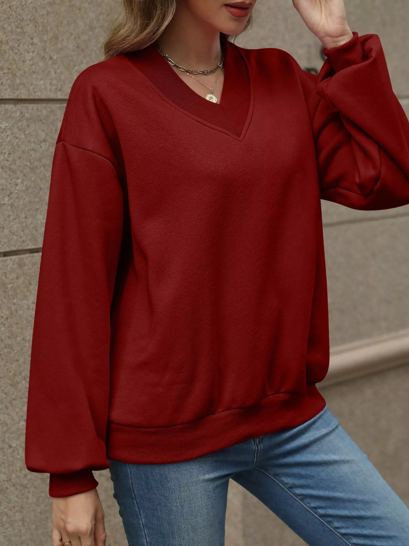 V - Neck Solid Color Casual Sweatshirt - PBNJ FASHIONS