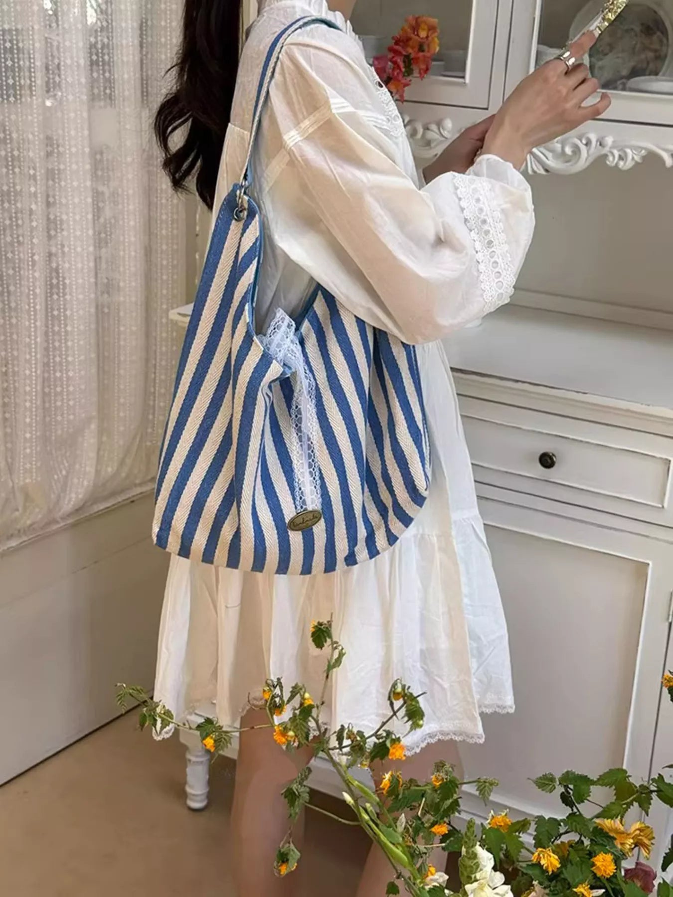 Canvas Tote Bag - Chic Striped Design - Sky BlueOne SizeFashionable Purses