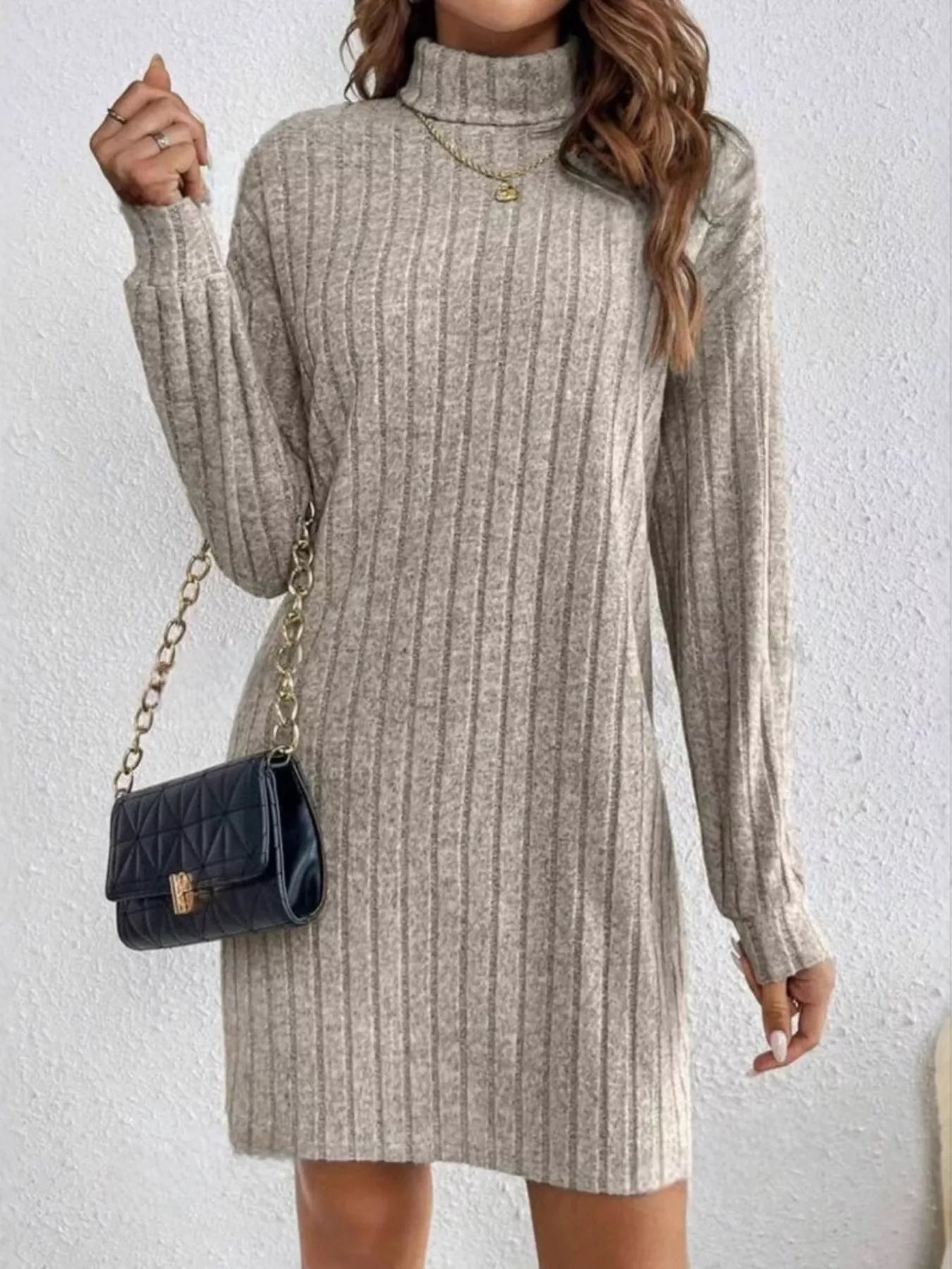Ribbed Knit Turtleneck Mini Dress - PBNJ FASHIONS