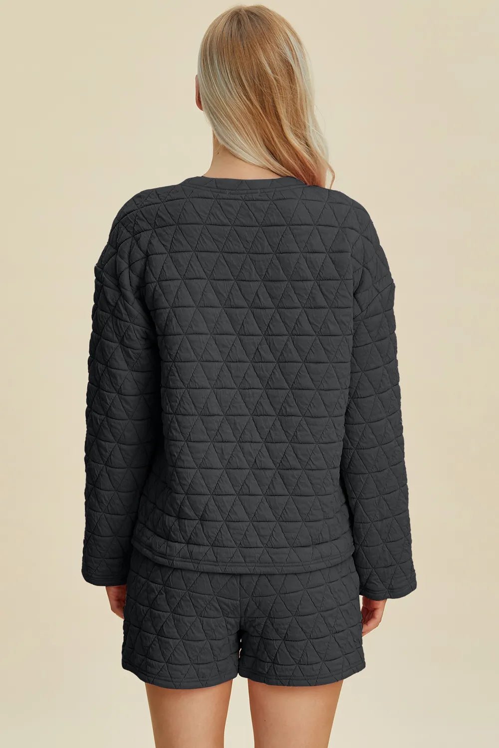 Double Take Full Size Texture Round Neck Long Sleeve Top and Shorts Set - PBNJ FASHIONS