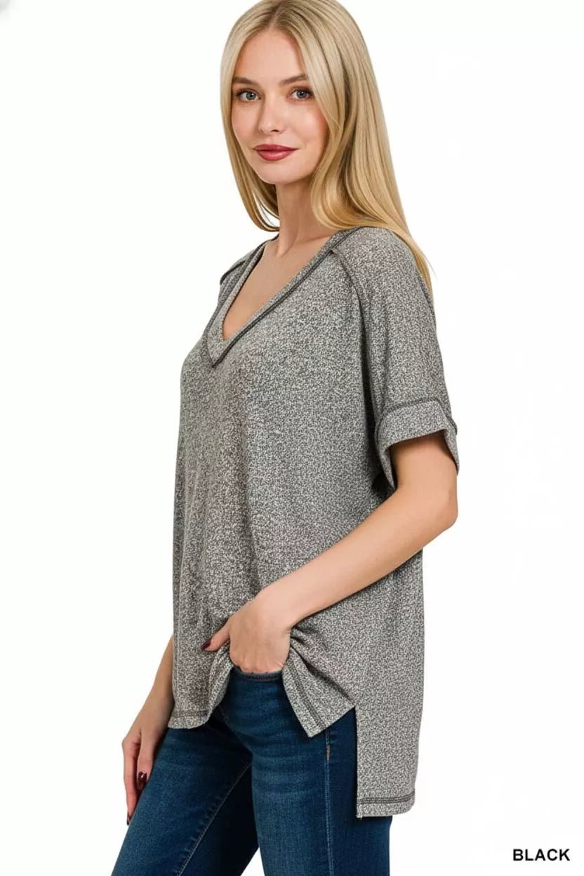 Zenana Full Size Soft Melange Hacci V - Neck Short Sleeve Hi - low Tee Plus Size - PBNJ FASHIONS