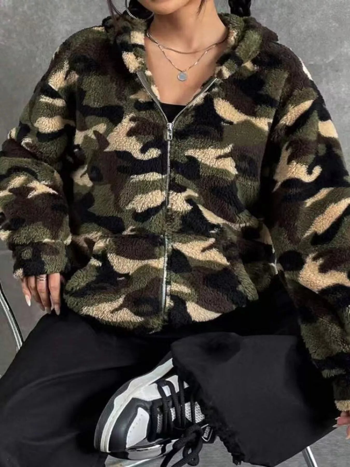 Fuzzy Camo Zip - Up Hoodie - PBNJ FASHIONS