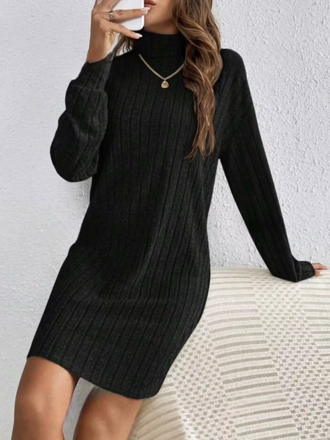 Ribbed Knit Turtleneck Mini Dress - PBNJ FASHIONS