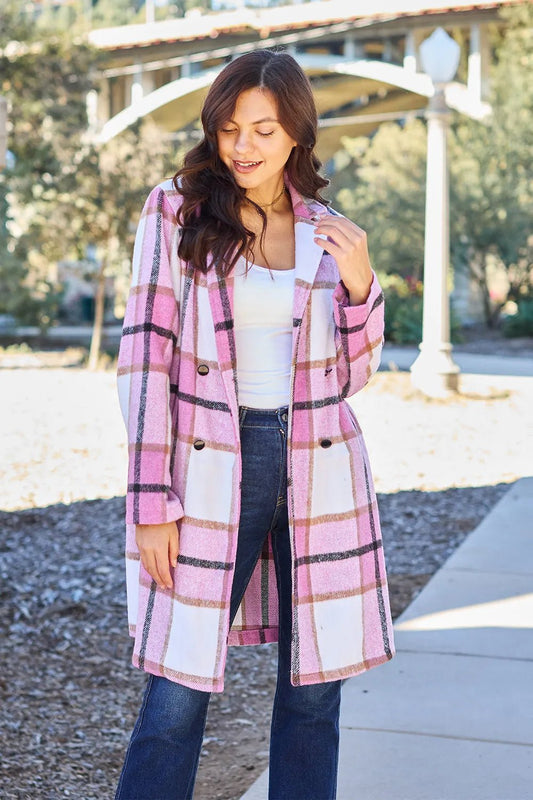 Double Take Full Size Plaid Button Up Lapel Collar Coat - PBNJ FASHIONS
