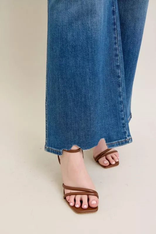 Judy Blue Full Size High Waist Tummy Control Chew Hem Destroy Wide Jeans Plus Size - PBNJ FASHIONS