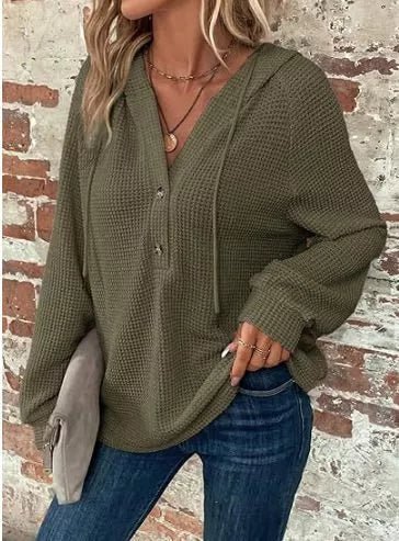 Waffle Knit Button Detail Hoodie - PBNJ FASHIONS