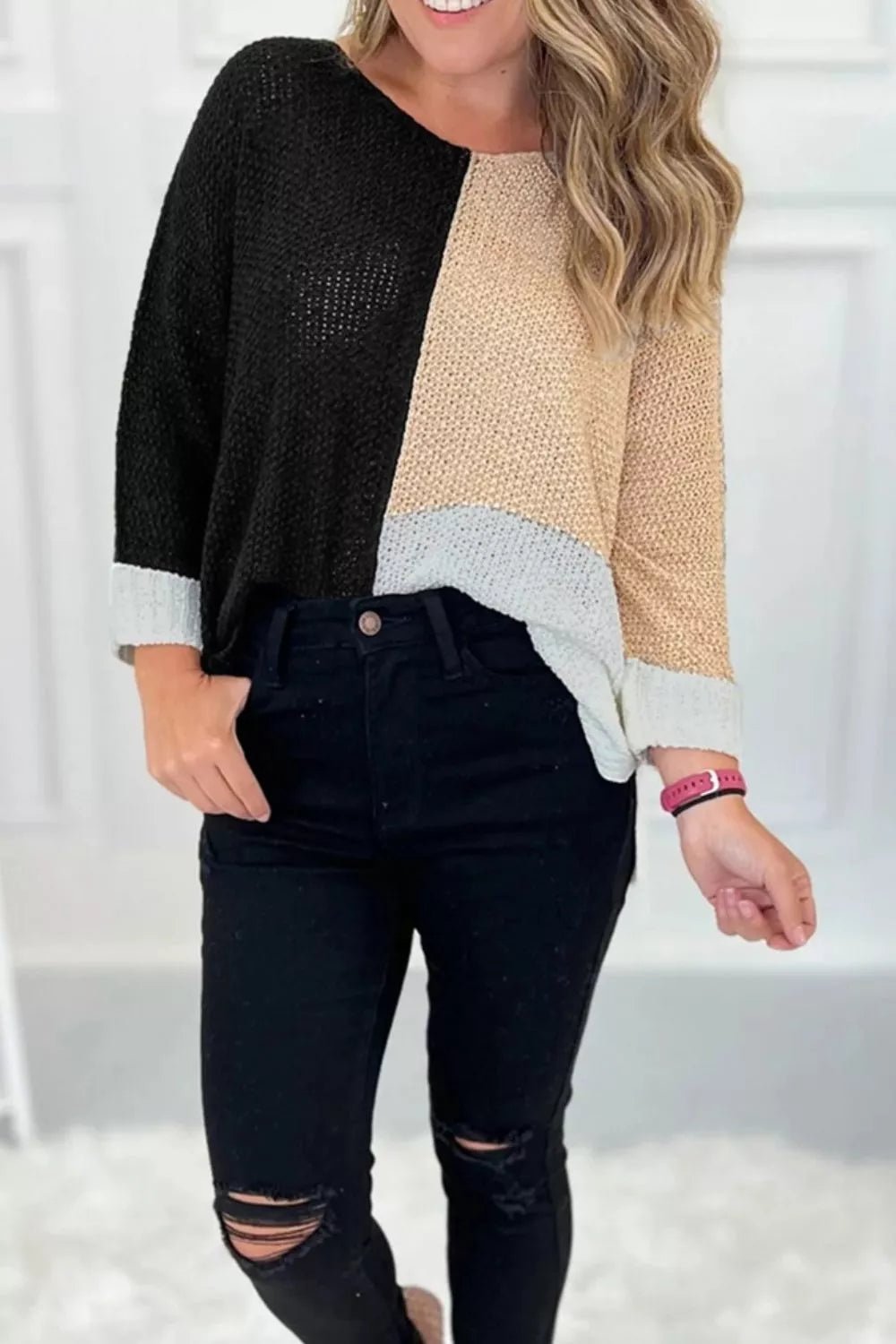 Color Block Knit V Neck Loose Sweater - PBNJ FASHIONS
