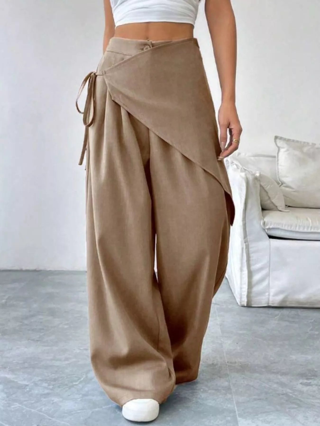 Chic Wrap Front Wide-Leg Wrap Pants - Khaki-S- - PBNJ FASHIONS