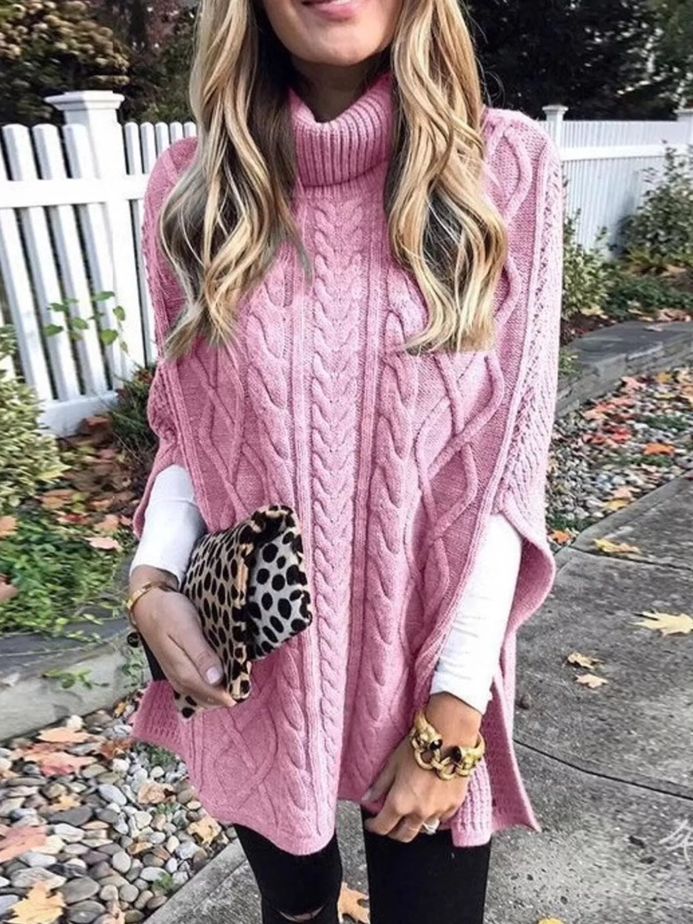 Chunky Cable Knit Turtleneck Poncho Cover Up - PBNJ FASHIONS