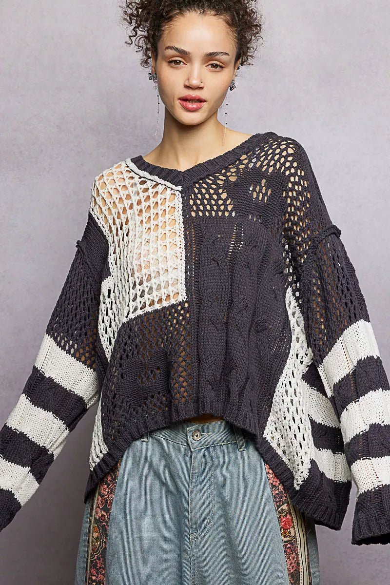 POL Color - Blocked Stripe Pattern Knit Top with Twisted Weave - PBNJ FASHIONS