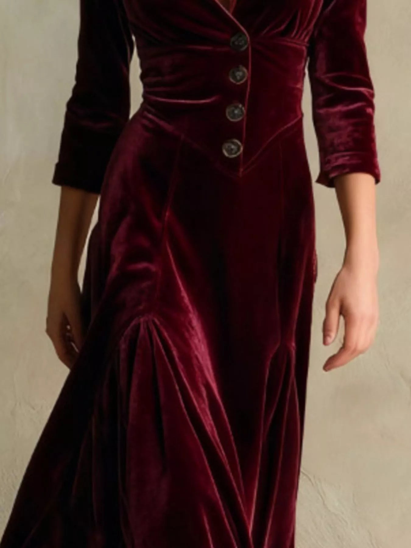 Velvet Button Front 3/4 Sleeve Maxi Dress - PBNJ FASHIONS