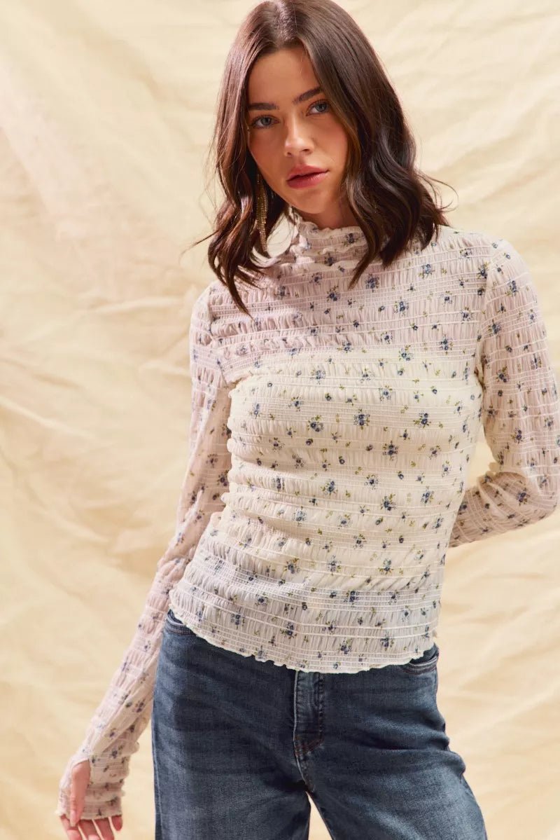 SO ME Floral Print Textured Long Sleeve Knit Top - PBNJ FASHIONS