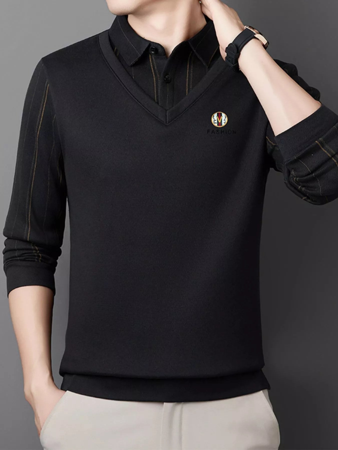 Men's Plus Size Layered Style Long Sleeve Polo - PBNJ FASHIONS