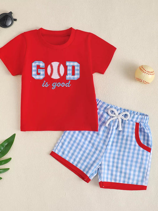 Children's Baseball Embroidered T-shirt and Gingham Shorts Set - PBNJ FASHIONS
