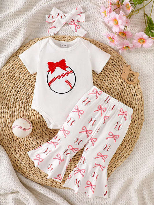 Children's Baseball Short Sleeve Bodysuit and Bow Pants Set with Headband - PBNJ FASHIONS
