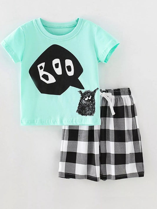 Children's BOO Monster Graphic T-shirt and Plaid Shorts Set - PBNJ FASHIONS