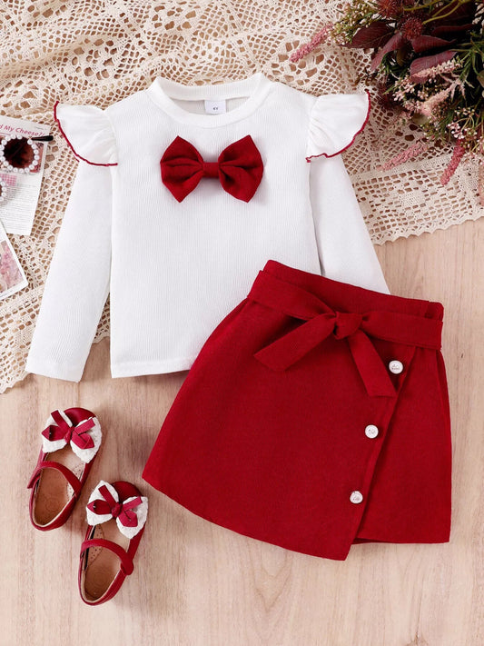 Children's Bow Long Sleeve Top and Skirt Set - PBNJ FASHIONS