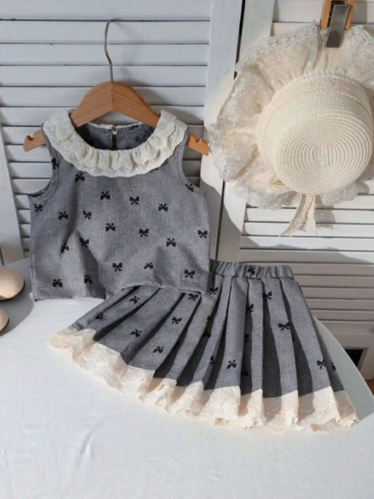 Children's Bow Print Lace Trimmed Top and Skirt Set - PBNJ FASHIONS
