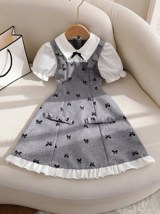 Children's Bow Print Puff Sleeve Dress - PBNJ FASHIONS