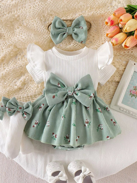 Children's Bow Ribbed Knit Dress & Headband & Socks Set - PBNJ FASHIONS