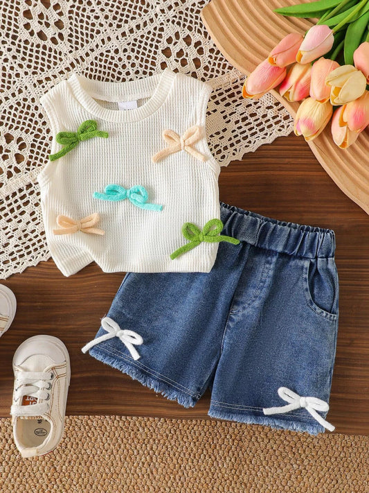 Children's Bow Tank and Denim Shorts Set - PBNJ FASHIONS