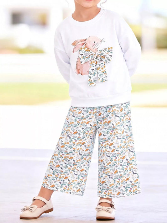 Children's Bunny Graphic Sweatshirt and Floral Wide-Leg Pant Set - PBNJ FASHIONS