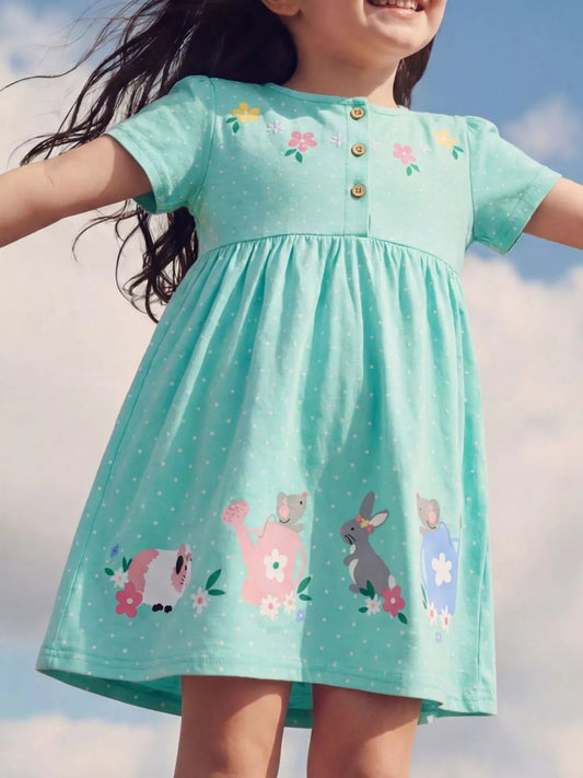 Children's Bunny Print Button Detail Dress - PBNJ FASHIONS