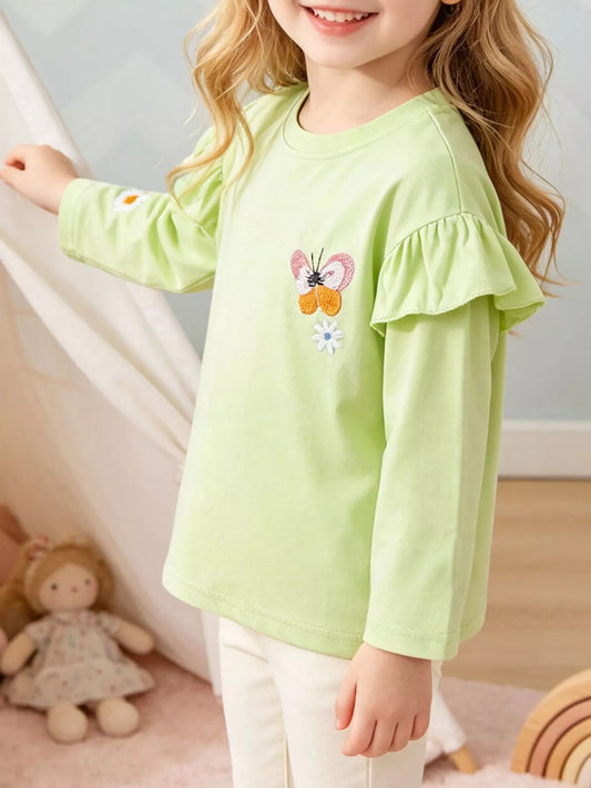 Children's Butterfly Embroidered Ruffled Long Sleeve T-Shirt - PBNJ FASHIONS